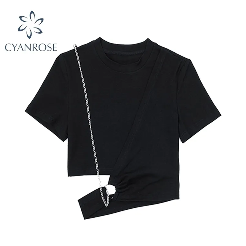 Mode kvinnor T Shirt Sommar Streetwear Crop Tops Kortärmad Cut-Out Chain Design Casual Sexig Slim E Girl Clothes 210515