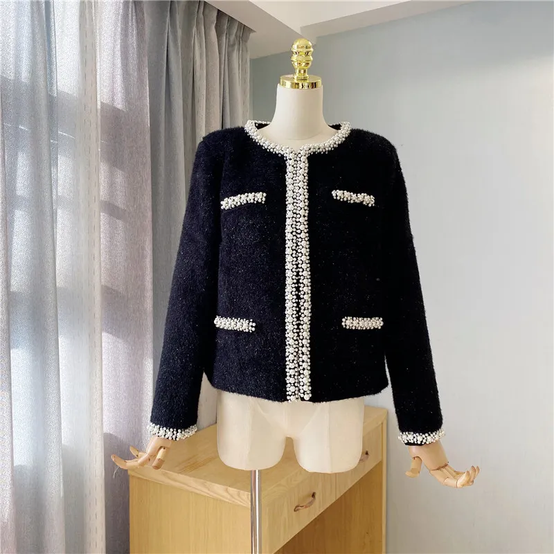 Autumnr Fashion design donna o-collo perline finto lana mohair caldo lurex patchwork giacca cappotto vita sottile di lusso SML