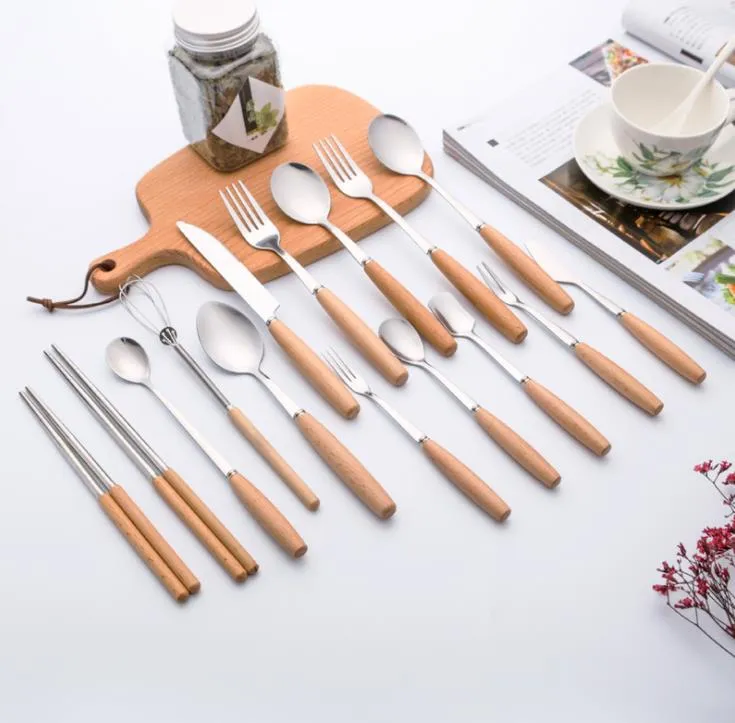 Stainless steel tableware with wooden handle knife and fork spoon dessert coffee spoon-tableware SN3155