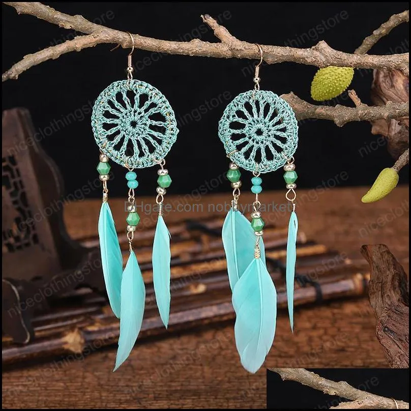 Bohemia Women`s Crystal Red Feather Tassel Earring 2021 Summer Indian Jewelry Tibetan Dream Catcher Dangle Wedding Earrings