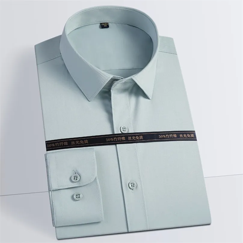 メンズクラシック長袖シルキー竹ファイバーシャツポケットレスレギュラーフィット快適な柔らかい伸縮性のない非鉄ソリッドドレスシャツ210626