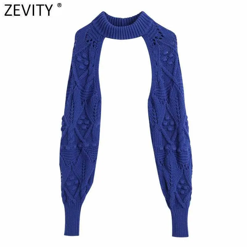 Zevity kvinnor står upp krage boll applikationer långärmad stickning tröja femme chic design casual pullover damtoalett toppar sw708 210603