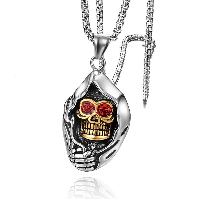 Skull Head Pendant Stainless Steel Jewelry Customized Personality Ghost Skeleton Men's Hip Hop Punk Necklace with Red Eye Stone