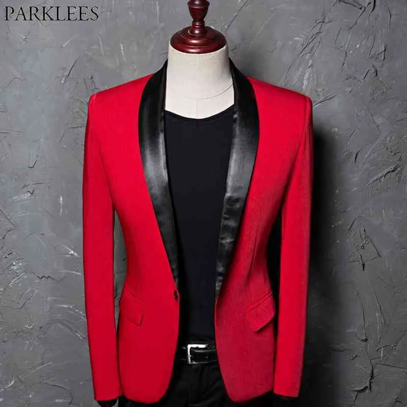 Röd en knapp pacthwork kostym jacka män våren smal passform sjal krage blazer jacka manlig fest bröllop kostym homme 210522