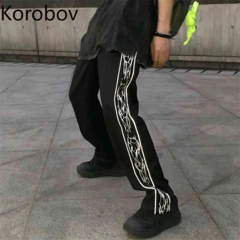 Korobov koreanska mode sommar streetwear wonen byxor vintage tryck träff färg patchwork bredben byxor hög midja hajuku 210430