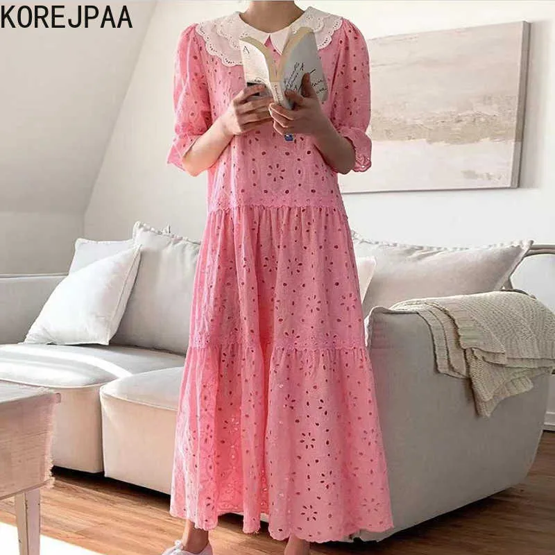 Korejpaa mulheres vestido verão coreano chique meninas ocidentais coleira de boneca oco laço bordado solto slow sleeve vestidos 210526