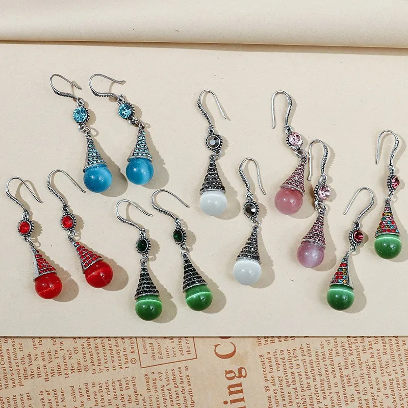 Renkli Rhinestone Opal Dangle Küpe Kadın Moda Takı Retro Etnik Kedi Göz Taş Damla Bildirimi Küpe