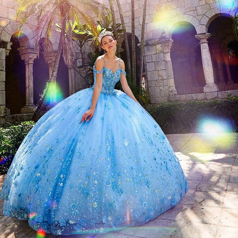 Blå Quinceanera Klänningar 2022 Lace Appliqued Crystal Ball Gown Vestidos de Quinceañera Sweetheart Sweet 16 Dress
