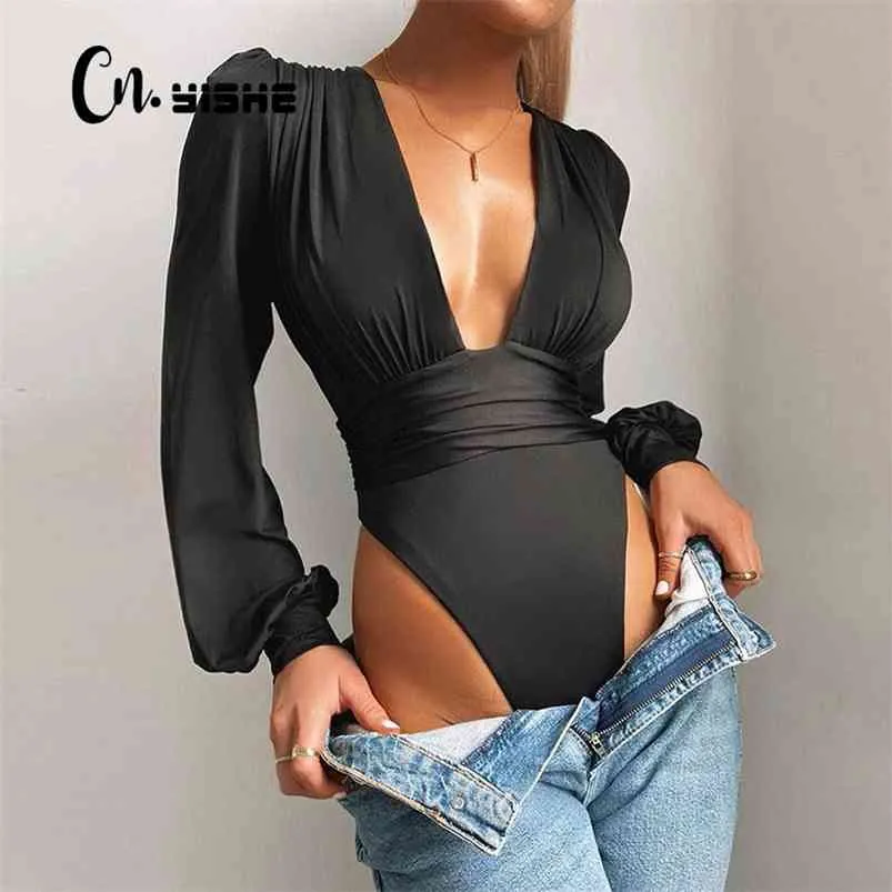 CNYISHE Black Deep V Neck Bodysuit Women Rompers Sexy Bodycon Jumpsuit Solid Elastic Casual Party Bodysuits Body Tops Overalls 210715