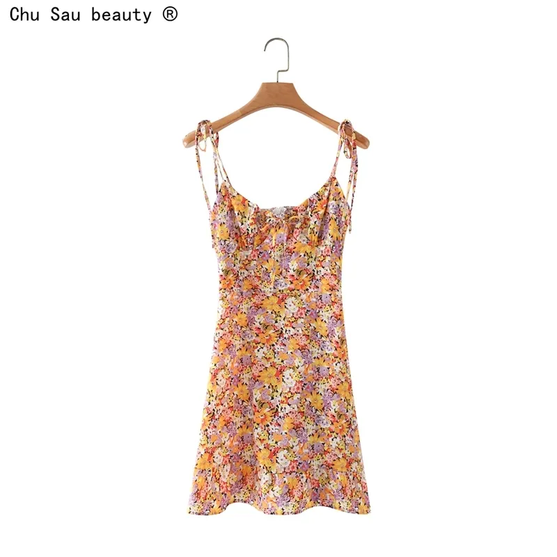 Летнее цветочное платье для печати Женский пастырский стиль старинные оранжевые начало высокой талии похудение rucher mini Vestido Chic 210508
