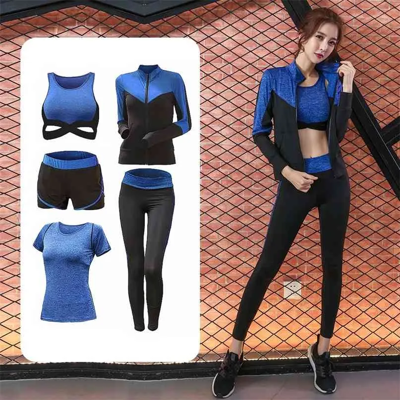 TRACKSUIT 5 Piece Yoga Set för Kvinnor Running Fitness T Shirt Sport Bra Wear Ftness Kläder Kvinna Training Sport Suit 210813