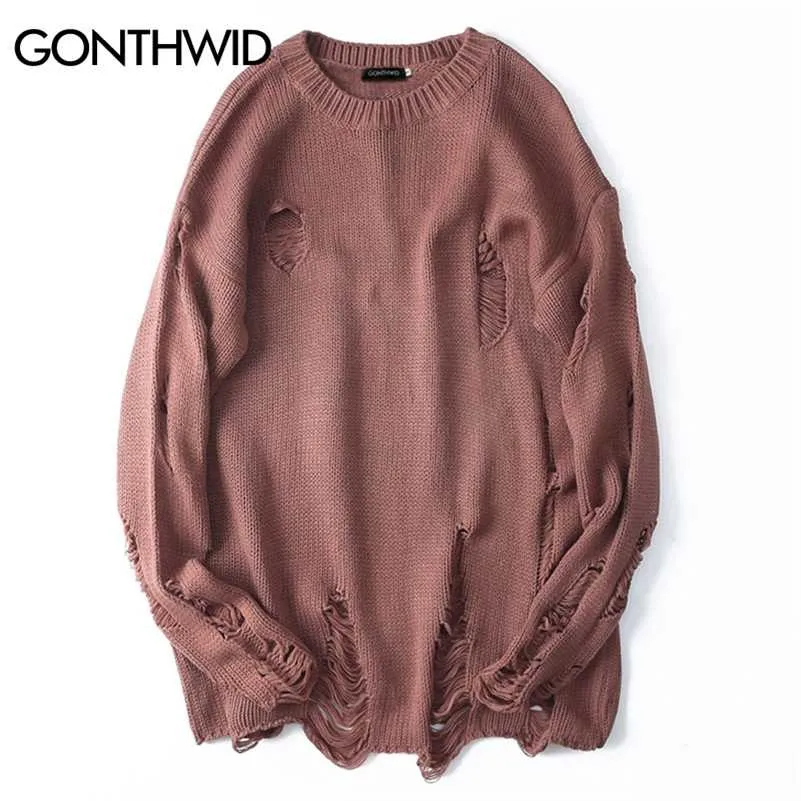 GONTHWID Strappato Fori Distrutti Maglioni Distressed Mens Maglione Pullover Lavorato A Maglia Maschile Hip Hop Moda Maglione Allentato Streetwear 211014