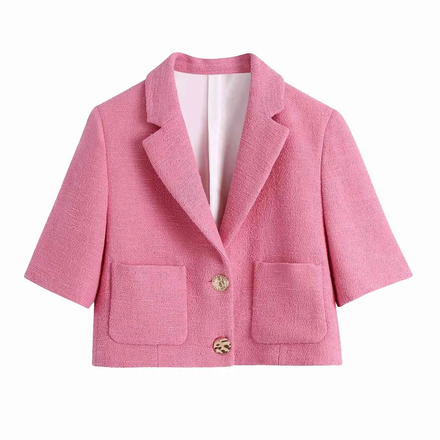 Mulheres moda tweed casual colhido textura rosa blazer bolsos de verão único breasted curto blazer jaqueta casaco tops 210521