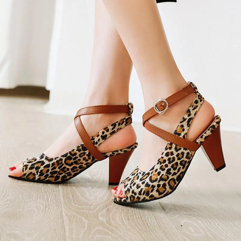 Women Summer High Heels Shoes Women's Open-Toe Ankle Buckle Strap Sandals Fish Mouth Leopard Heeles Zapatos De Mujer