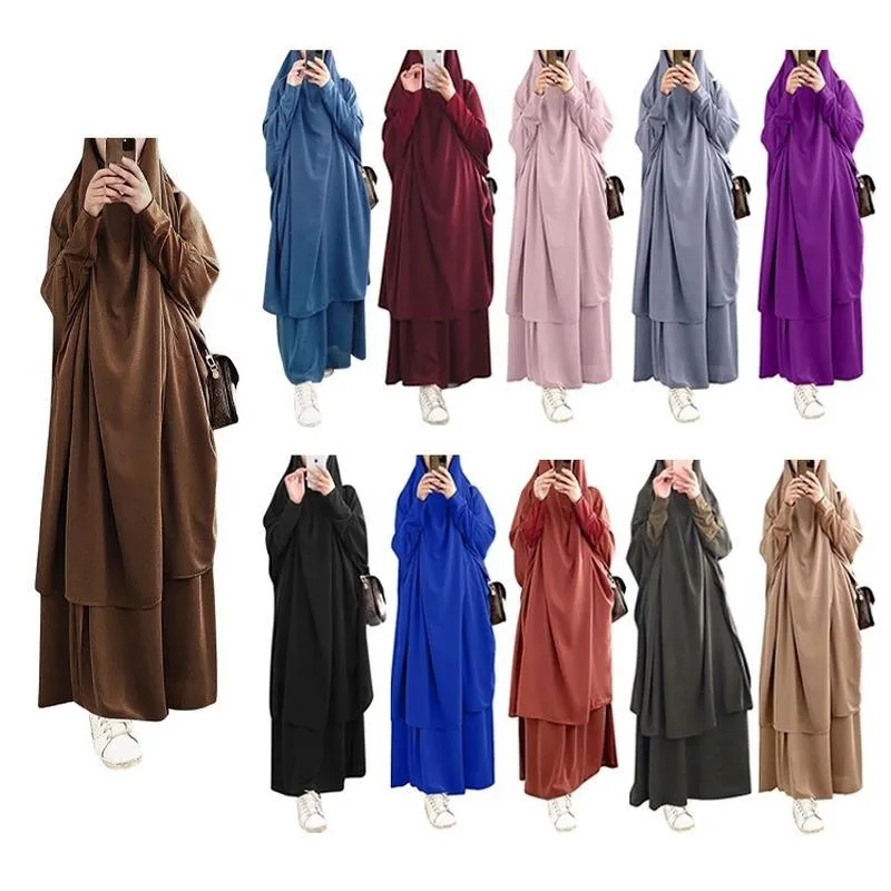 エスニック服イードフード付きイスラム教徒の女性ヒジャブドレス祈りの衣服ジルバブアバヤロングキマールラマダンガウンアバヤスカートセットイスラム服N