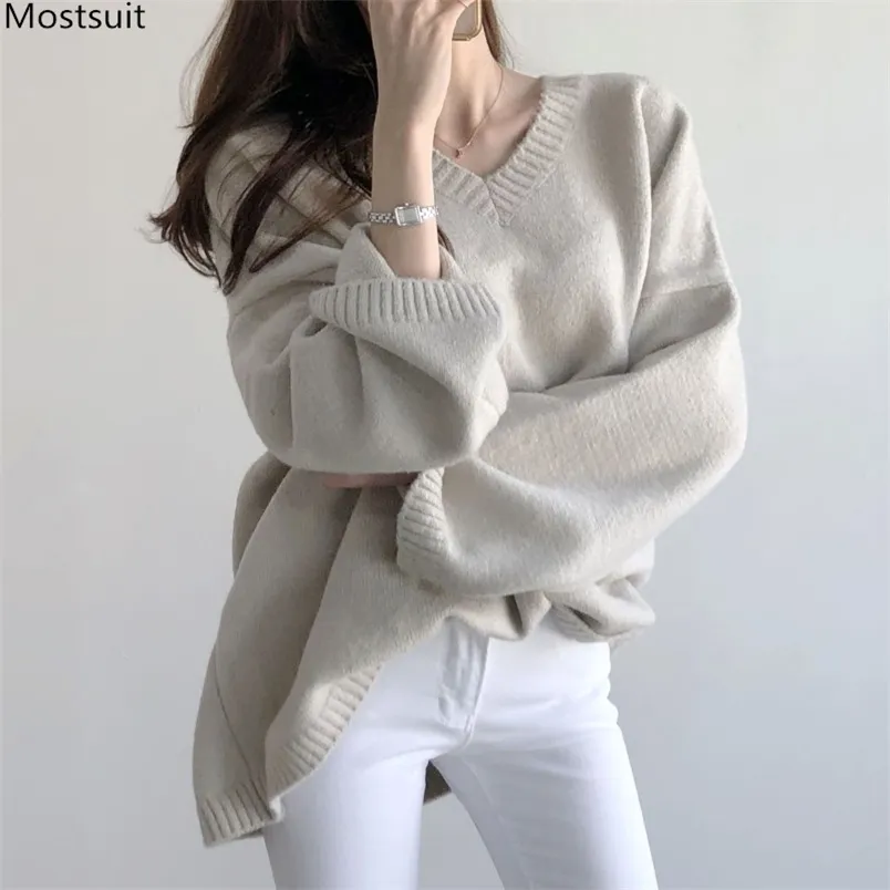 Primavera Outono senhoras Jumper Loose Coreana Mulheres Manga Longa Sweater Moda Elegante V-Neck Fabricado Tops 210513