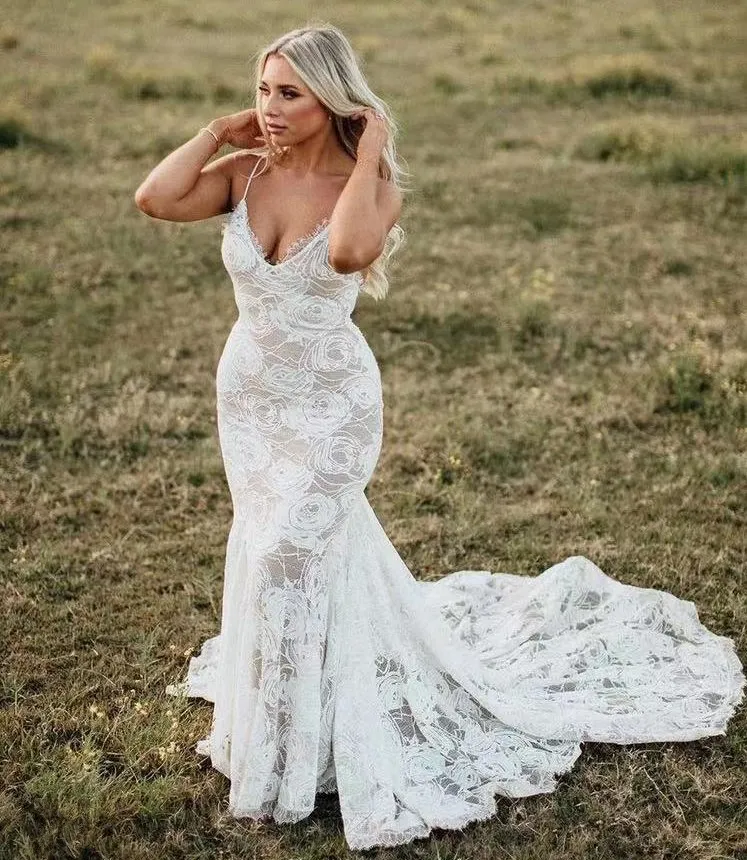 Boho Mermaid Lace Mermaid Wedding Dress with Rose Flower Lace, Spaghetti Straps, and Open Back - Sexy and Chic Bridal Gown for Bohemian Country
