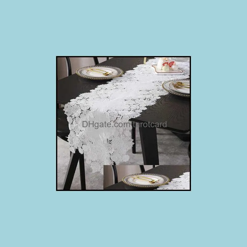 White Table Runner American Embroidery Linen Cotton Lace Table Cloth Coffee Tv Drawer Cabinet Piano Cover Towel Table Flag Dust 220107