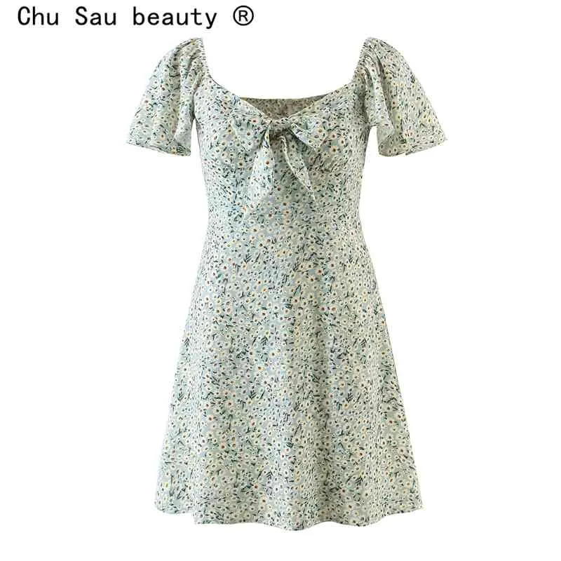 Frühling Sommer Mode Süße Vintage Frauen Square Neck Fliege Daisy Print Mini Kleid Vestido De Mujer 210508