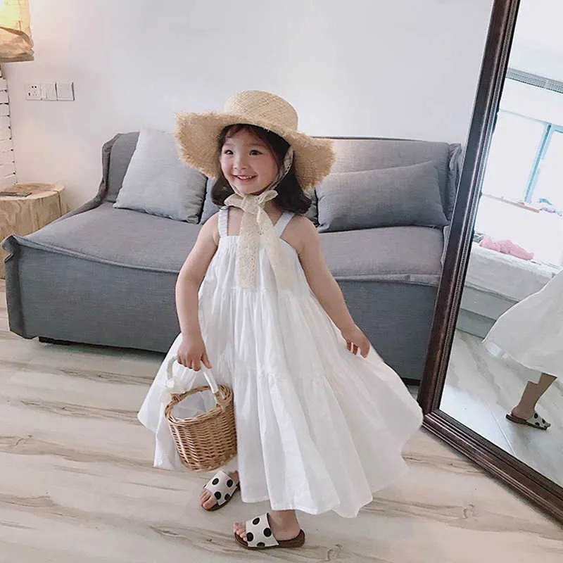 Baby Girls Suxanders Dress 2021 Summer Sukienki bawełniane dla dzieci Dzieci Biały One Piece Frock Child Girls Loose Beach Sundress Q0716