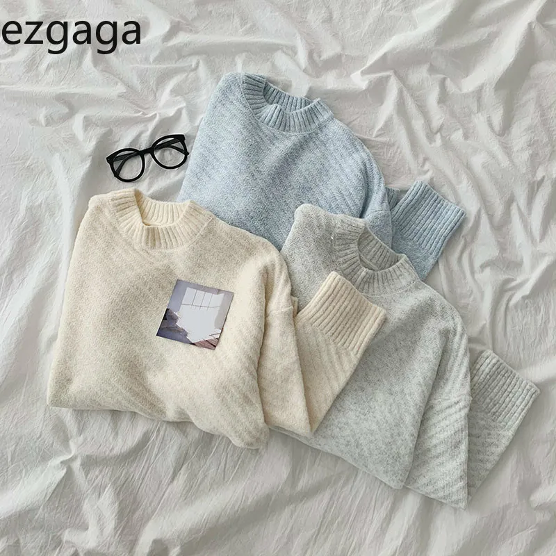 Ezgaga Zarte Pullover Pullover Frauen Herbst Neue Feste Koreanische Mode Vintage Lose Outwear Damen Tops Blau Jumper Casual 210430