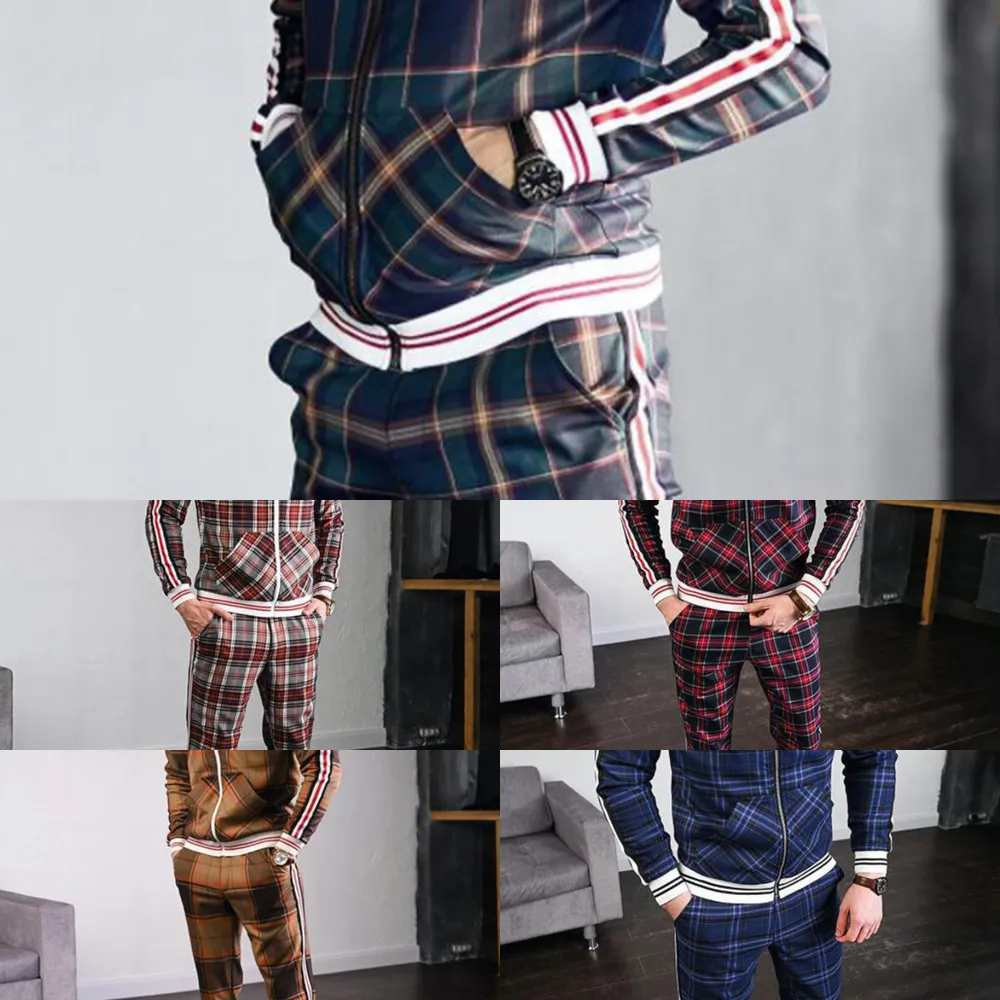 2021 Vår Höst Nya Män Tunna Sektion Mode Trend Slim Plaid High Street Sport Standup Collar Zipper Jacket två-bitars kostym x0610