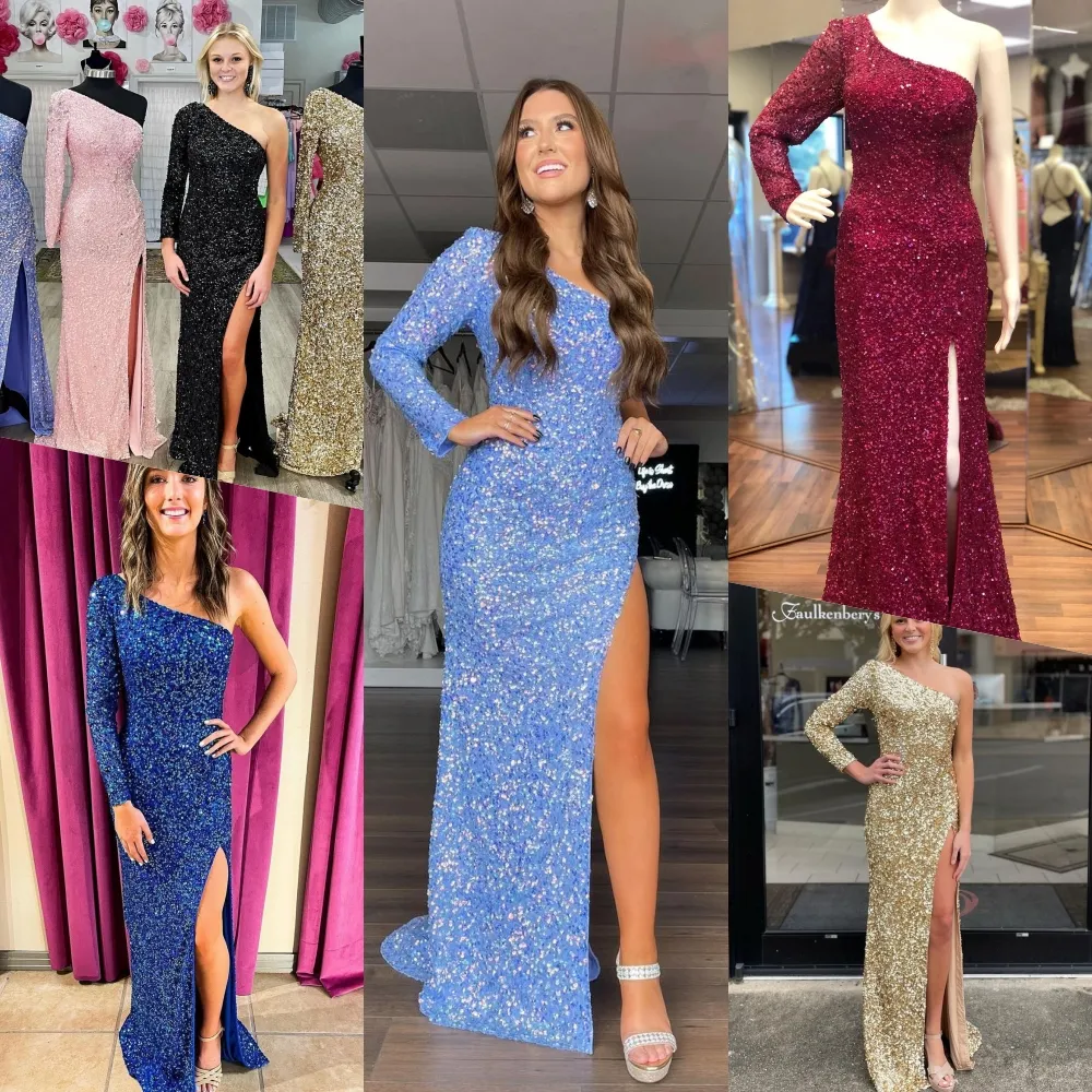 Abito da sera tubino nero Abito da sera sexy slim fit su misura Abiti da sera da donna a maniche lunghe con paillettes Lady Side Split Robe De Soiree 2021 Oro Blu Rosso Rosa