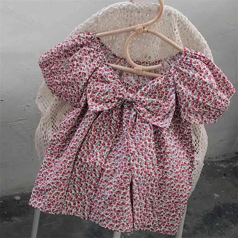 Camicetta floreale estiva a maniche corte Decorazione bowknot Abbigliamento per bambini Camicia Vestiti per ragazza 210528