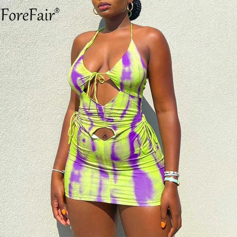 FEFEFAIR 2021 SOMMAR HALTER NECK SEXY BODYCON DRESSES TIE DYE Hollow Out Backless Bandage Beach Print Party Y2K Mini Dress Women Y0726