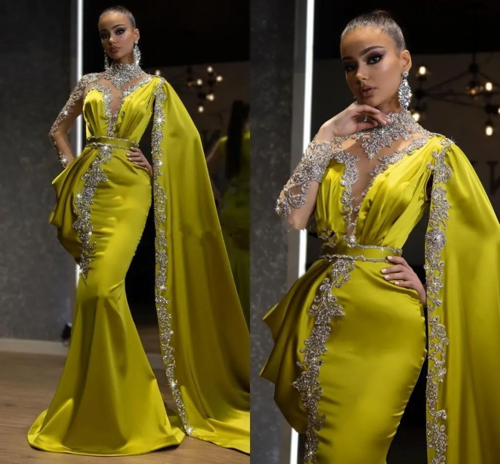 Arabiska citrongröna kristaller formella kvällsklänningar 2022 Mermaid Style Dubai Indian High Neck One Sleeve Cape Beads Long Trumpet Prom Dress