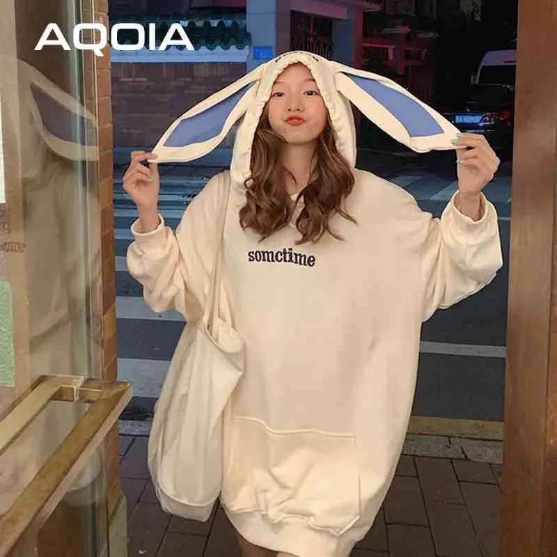 Autumn Kawaii Rabbit Ear Women's Hoodies Sweatshirt Pockets Oversize Loose Sweatshirts Women Winter Fashion Female Pullover 210521