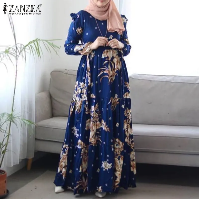 ZANZEA Casual Babados Maxi Vestido de Verão Vintage Floral Estampado Dubai Turquia Abaya Hijab Vestido Feminino Muçulmano Roupas Islâmicas