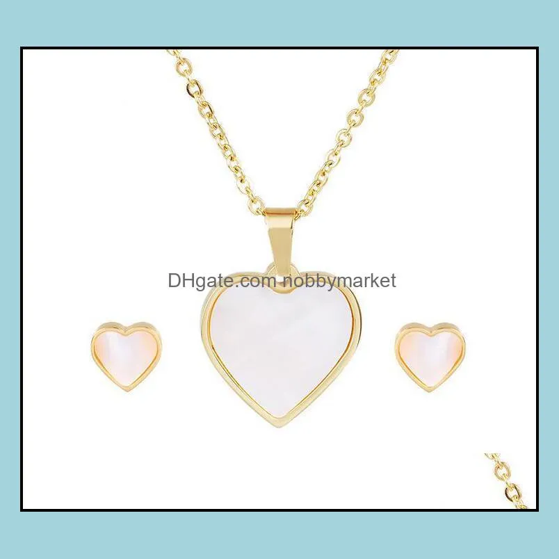 Earrings & Necklace Women Stainless Steel Dubai Gold Silver Color Shell Love Heart Pendant Jewelry Set Fashion Accessory