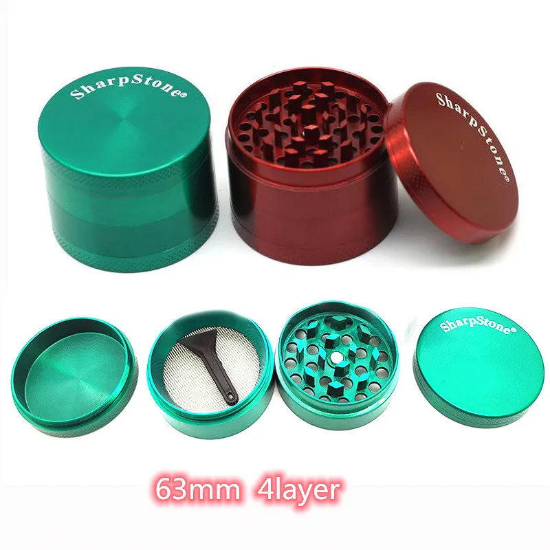 Hochwertige 63 mm 4-lagige Sharpstone Dry Herb Grinder Zinklegierung 4 Layers OEM-Logo Metall-Tabakmühle zum Rauchen