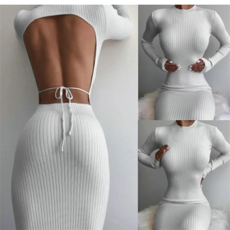 Women Dress Sale Fashion Sexy Spring/Autumn Long SLeeve Back Hollow Out Round Neck Solid Color Clubwear Clothing 210522