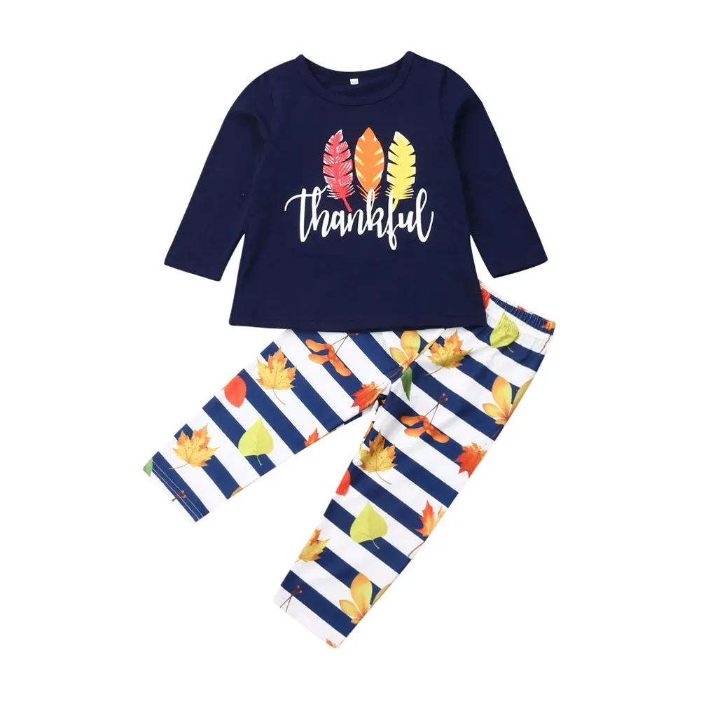 1-6Y Giorno del Ringraziamento Toddler Kid Girls Clothes Set T-shirt a maniche lunghe Pantaloni Abiti Costumi per bambini Abbigliamento 210515