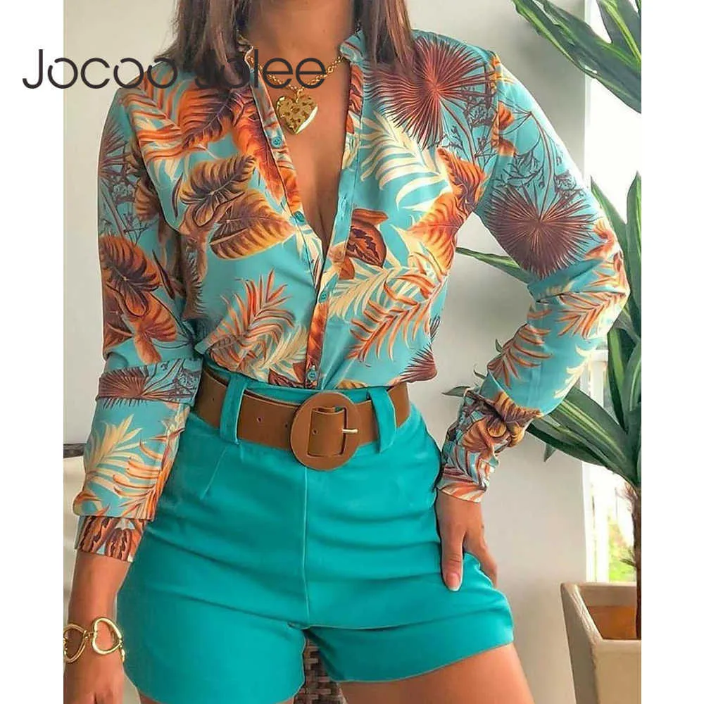 Summer 2 Piece Sets Elegant Floral Print Long Sleeve and Shorts Set Women's Office Suit with High Waist Shorts Outfits 210619