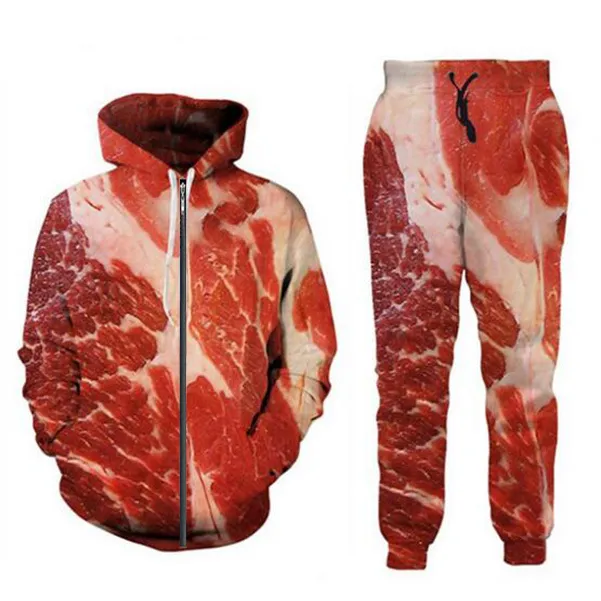 Nova Moda Masculina/Feminina Meat Beef Moletom Engraçado com Impressão 3D + Calça QL05