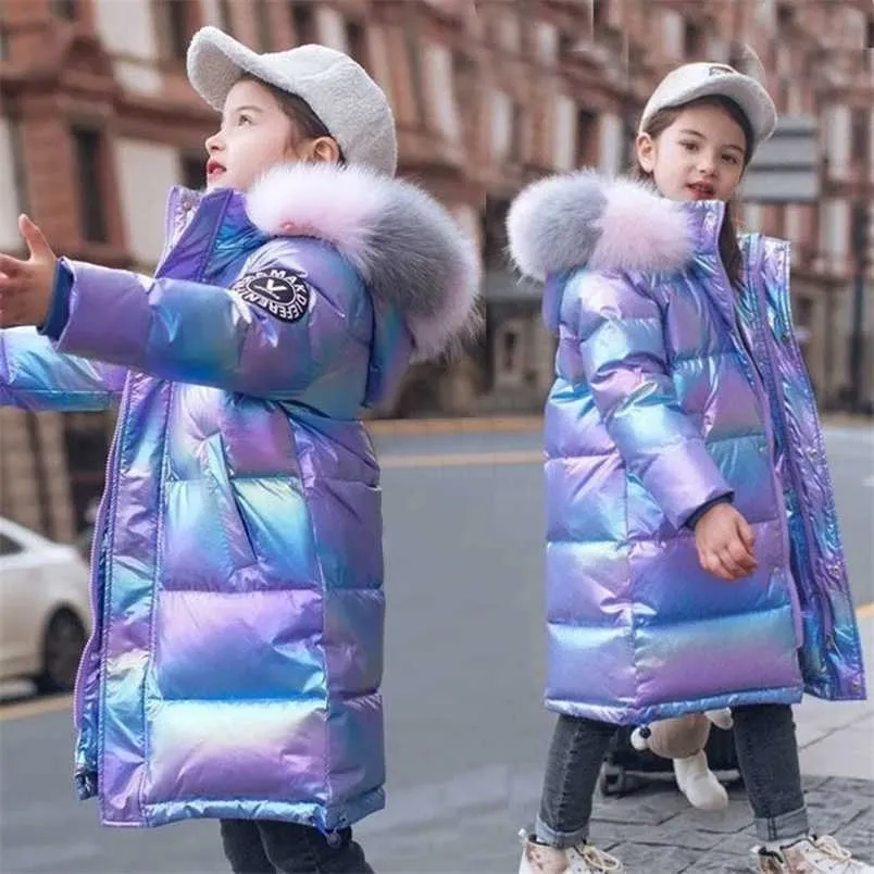 Winter Shiny Jacket for Girls Hooded Warm Children Coat 5-15 Years Kids Teenage Cotton Parkas Outerwear Clothing 211203