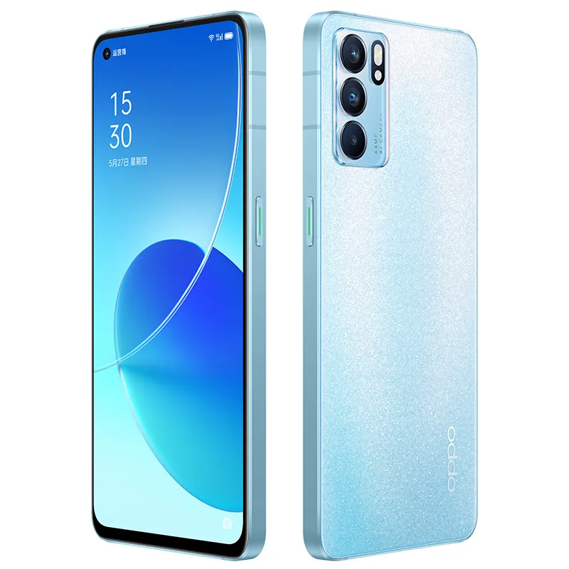 オリジナルのOppo Reno 6 5g携帯電話8GB RAM 128GB ROM MTK Demense 900 Octa Core 64MP OTG 4300mAh Android 6.43 "Amoled全画面指紋IDフェイススマート携帯電話