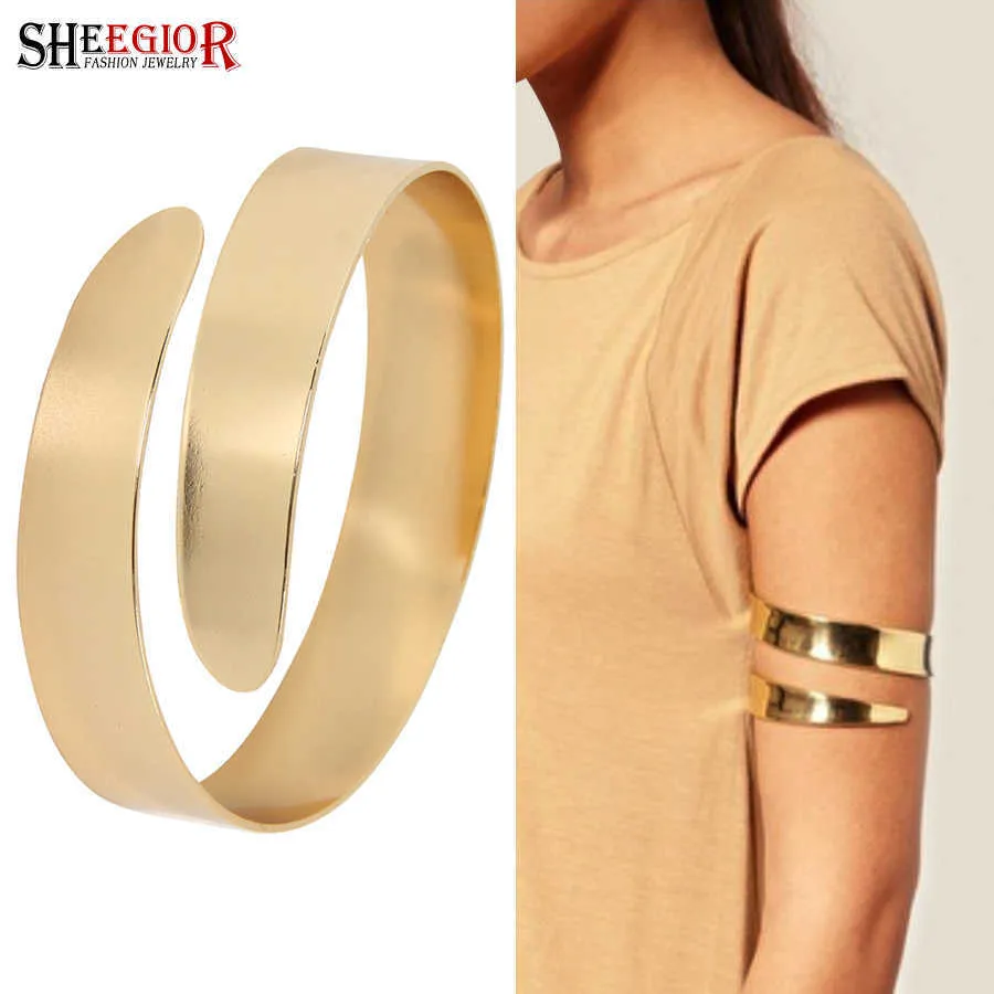 Sexy Gold Silver Color Arm Bracelets Simple Smooth Big Bracelet Open Cuff Bangles for Women Mens Arm Accessories Fashion Jewelry Q0719