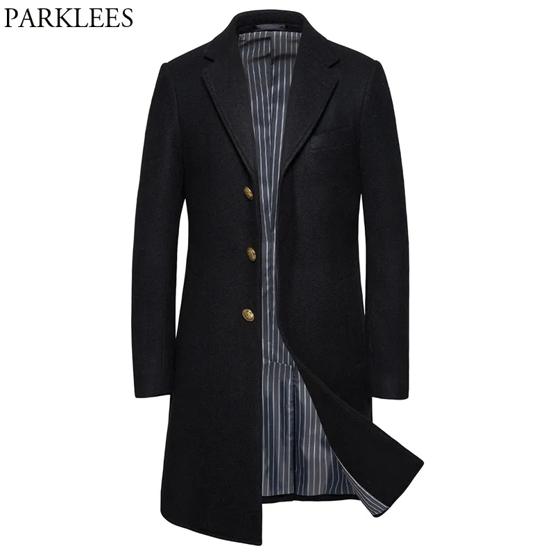 Классический черный длинный шерстяной горох Пальто мужчин Зимний бренд Slim Fit Мужская шерстяная смесь с шерстяными сочетаниями Sweatcoat Notch Osl Male Cashmere Coat 210522
