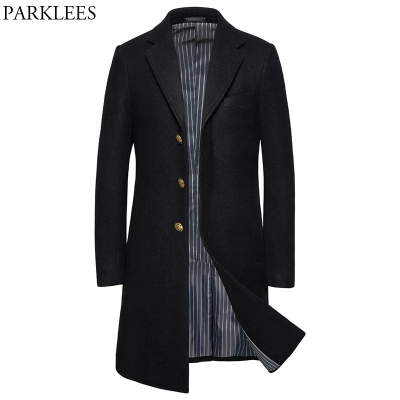 Classic Black Long Wool Pea Coat Men Winter Brand Slim Fit Men's Wool & Blends Overcoat Notch Lapel Male Cashmere Coat 210522