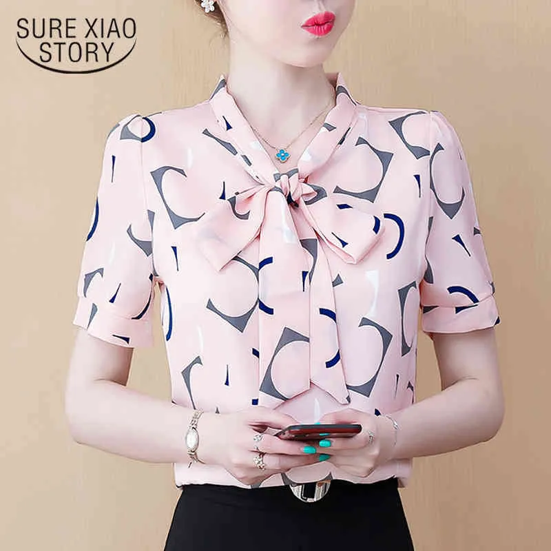 Summer Short-Sleeved Printed Bow V Collar Chiffon Blouse Korean Style Fashion Women Blouses Overalls for 9300 50 210508