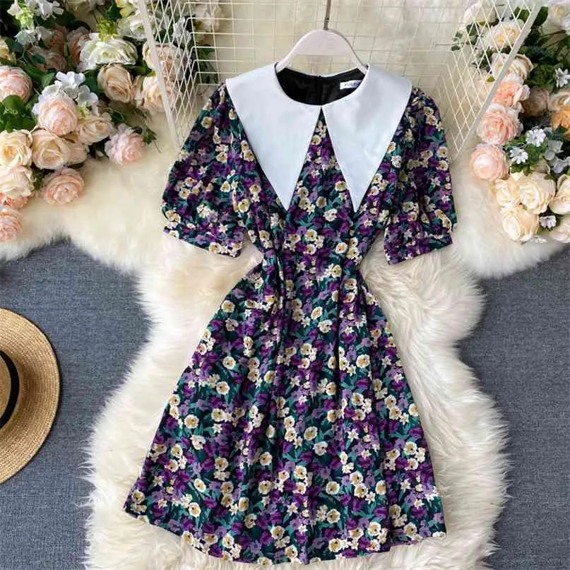 Floral Print Dress Women's Summer Fashion Sailor Collar Stitching Short Sleeve Elegant Vestidos L672 210527