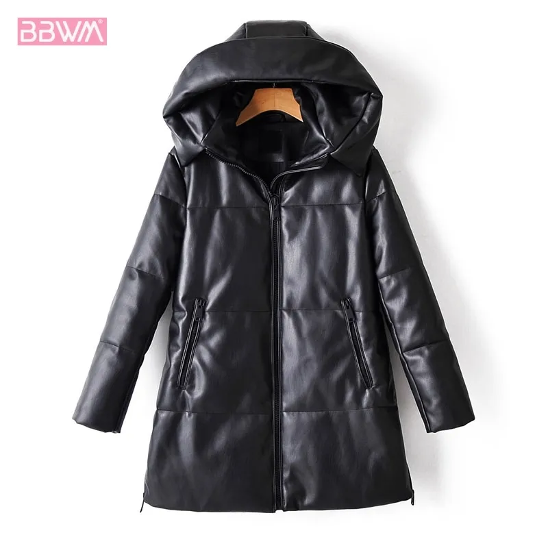 PU Winter Warm Stehkragen Langarm Mit Kapuze Schwarz Chic frauen Jacke Verdickt Mode Einfache Weibliche Mantel 210507