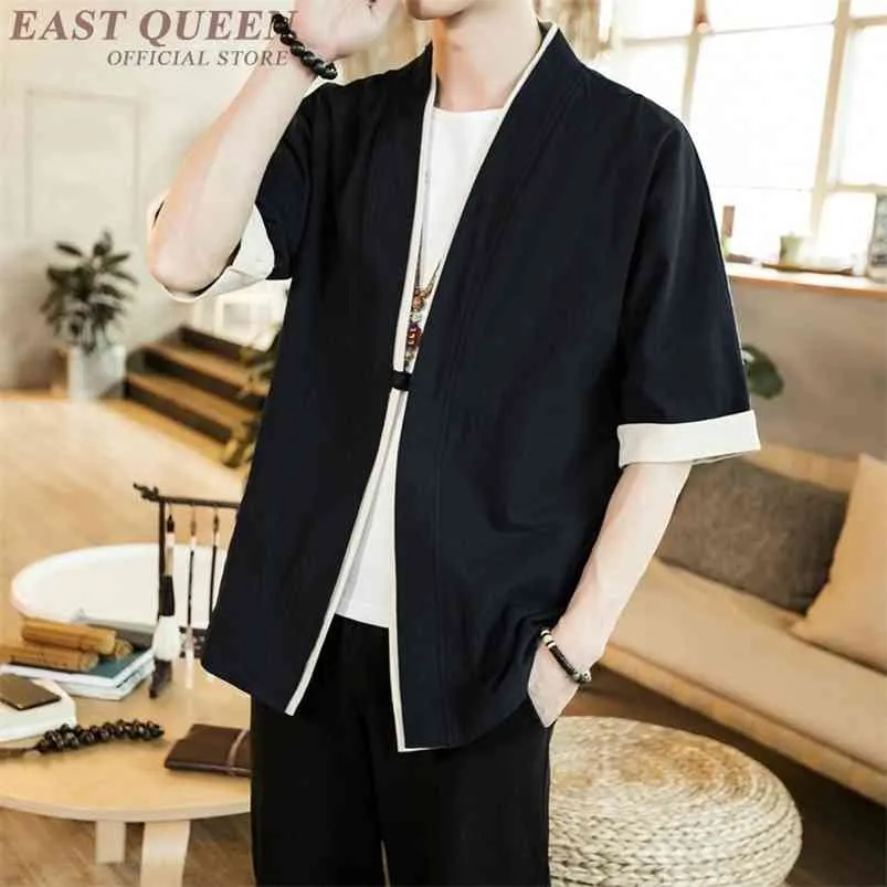 Japanse kimono mannen blouses mannelijke Hawaiiaanse shirt cardigan streetwear zwarte korte mouw linnen shirts KZ2006 210721