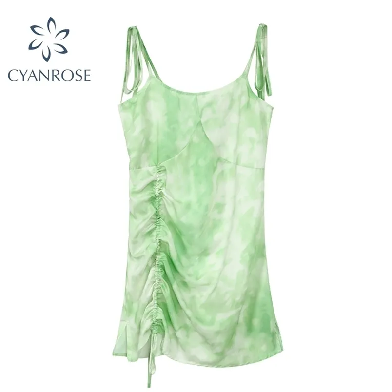 Mini abito verde tie-dye da donna Clubwear Bar Abiti sexy con cinturino per spaghetti Abiti da donna con coulisse e abiti slim 210515