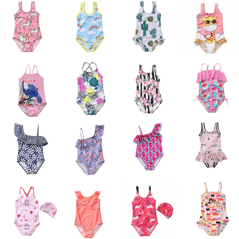 33 styles hot kids cartoon horse floral One-Pieces swimwear girls Swimsuits bodysuit kid bikini ruffle Beach Sport bathing suits Children Clothing 2-8Y