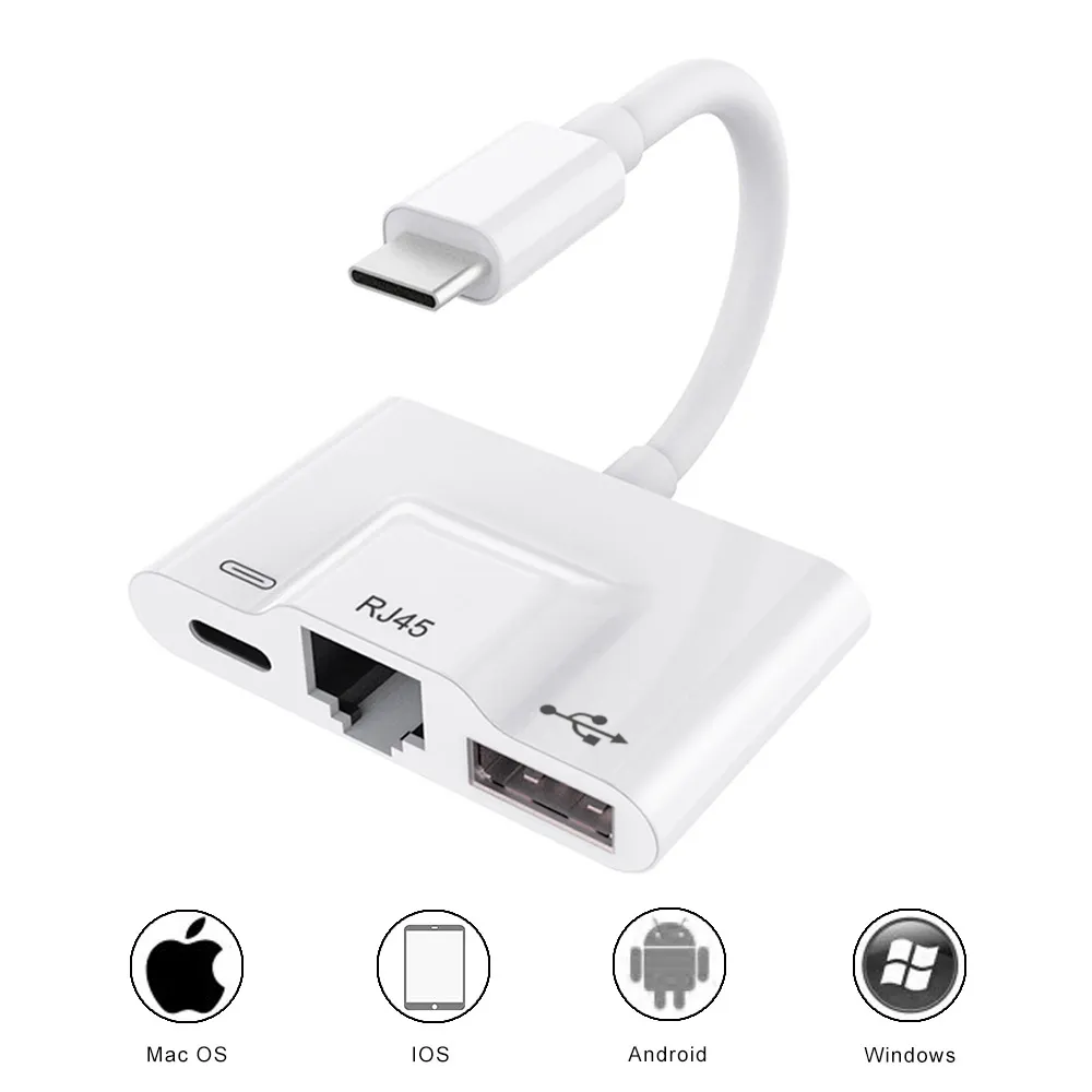 USB-C-auf-RJ45-Ethernet-LAN-Netzwerkadapter, Typ-C-auf-USB-3-Digitalkamera-Lesegerät mit USB-C-Ladeanschluss für iPad Pro Pixel 3/3XL